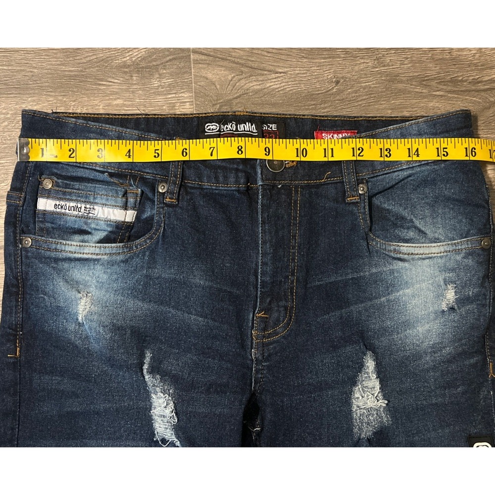 Ecko‎ Unltd Dark Wash Low Rise Men's Distressed Skinny Blue Jeans, Size 32x32 - Picture 5 of 12